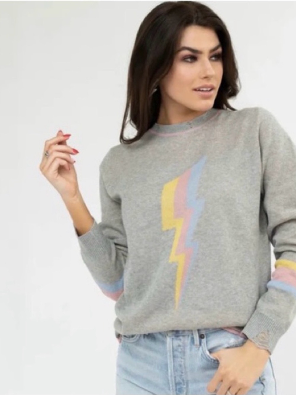 Fate Gray Crewneck Sweater with Pastel Lightning Bolt Sz L